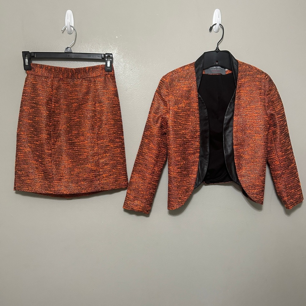 Hunter Dixon by Hunter Bell Skirt Suit M 2 Orange Metallic Tweed Preppy Office